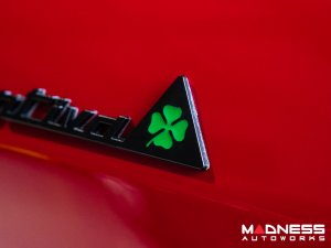 Alfa Romeo Emblems + Badges + Wheel Caps Kit - Black - "Alfa Romeo" + "Sportiva" Emblems + 2 AR Badges + 4 Center Caps